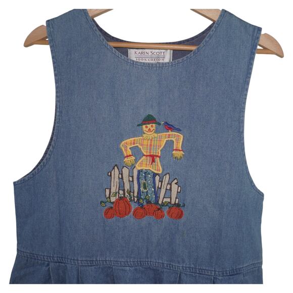 Karen Scott Vintage Denim Dress Scarecrow Embroidered Fall Harvest 100% Cotton S - Picture 4 of 7